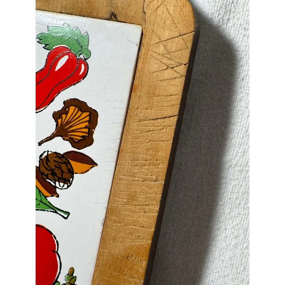 Vintage Nevco Wood Cheese Board Ceramic Tile Vegetable Inlay Japan 12.5 Inch